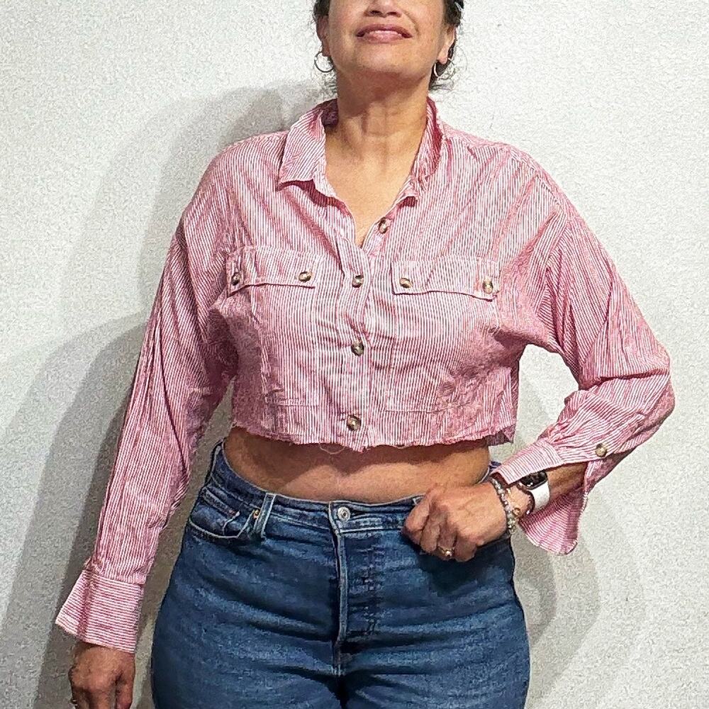 Free People Pink Striped Cropped Long Sleeve Blouse Sz XS